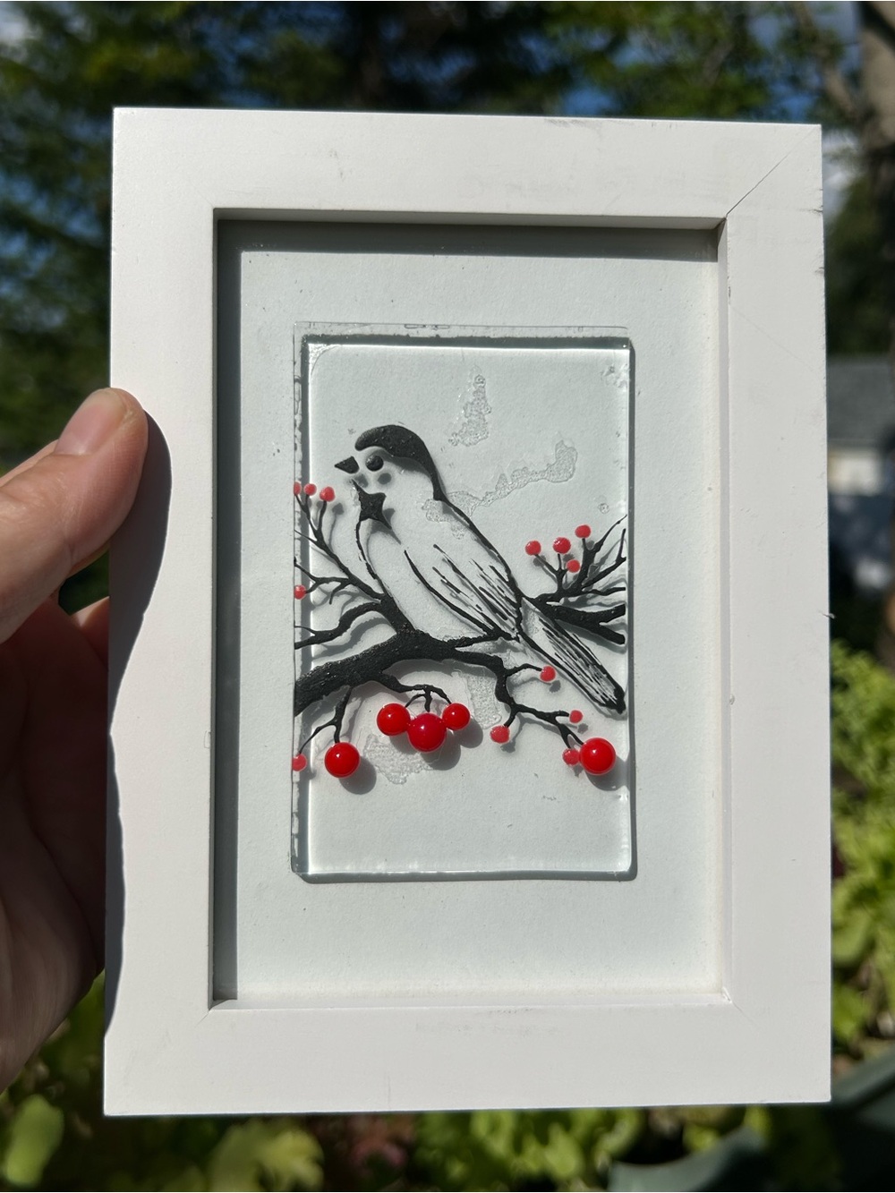 Handcrafted Art Glass Bird Gallery Wall Chickadee Red Berries White Frame 5x7